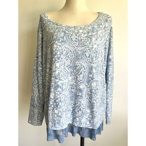 89TH & MADISON Blue Floral Knit Top Lace Ruffle Hem Long Sleeve 1X